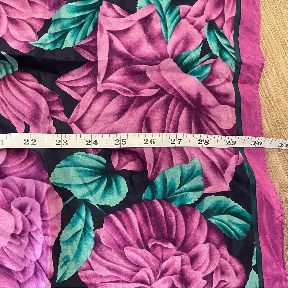 Vtg Honey 100% Silk Square Scarf Purple Green Floral Accesories Head Wrap 31